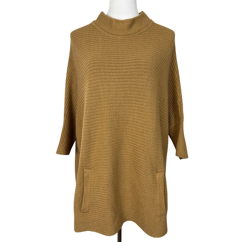 H&M Women Sweater S Brown Batwing Sleeve Mock Neck Pockets Shaker Knit